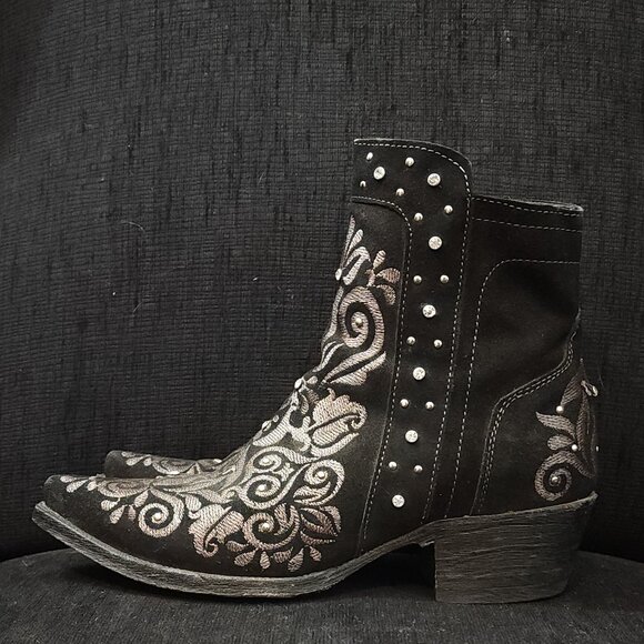 Joe Boots by Arles Black Embroidered Heeled Ankle Boots - Woman's Size 8.5 - Picture 3 of 10